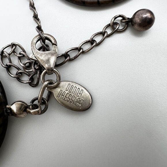 DONNA DRESSLER Necklace Mother of Pearl Round Disk Black Tan Crystal 925 19"-22" - Picture 5 of 6